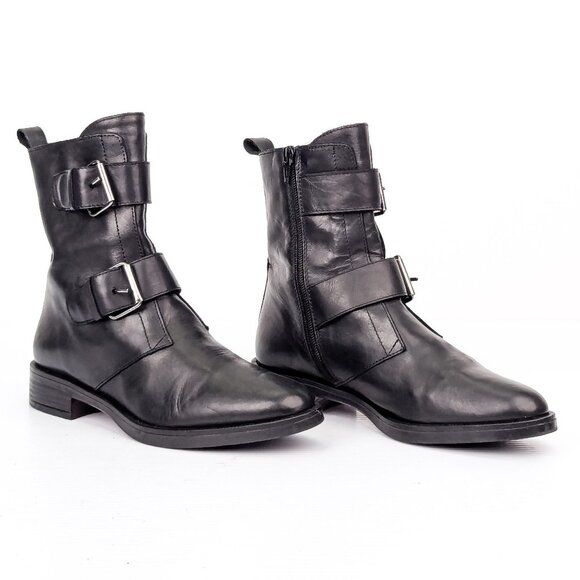 Emanuele Crasto Wmn Black Italian Leather Strap Buckle Zip Ankle Boots 8US EUR38 - Picture 1 of 7
